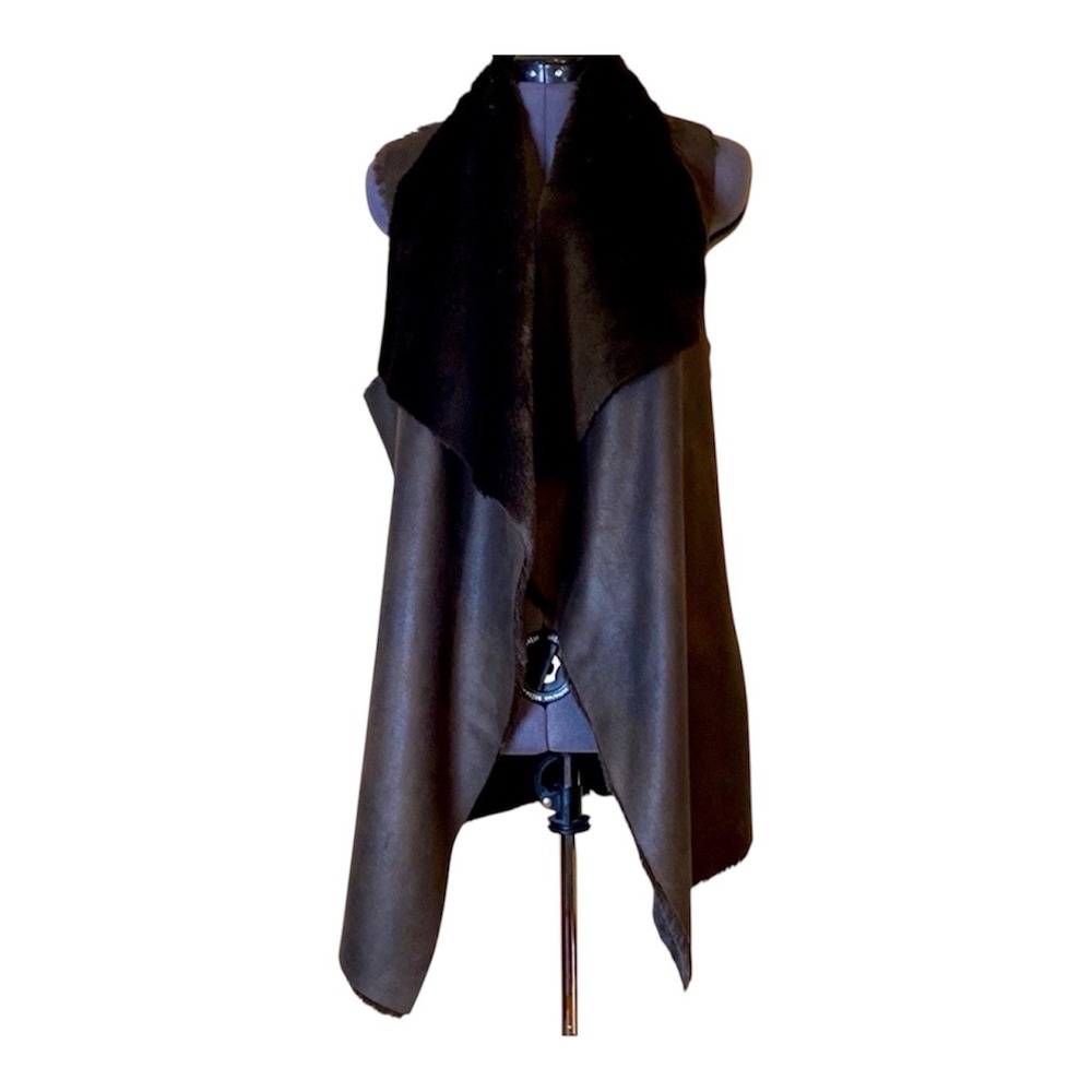 ISDA & Co Womens Faux Shearling Vest Brown Draped Open Front Longline faux Suede